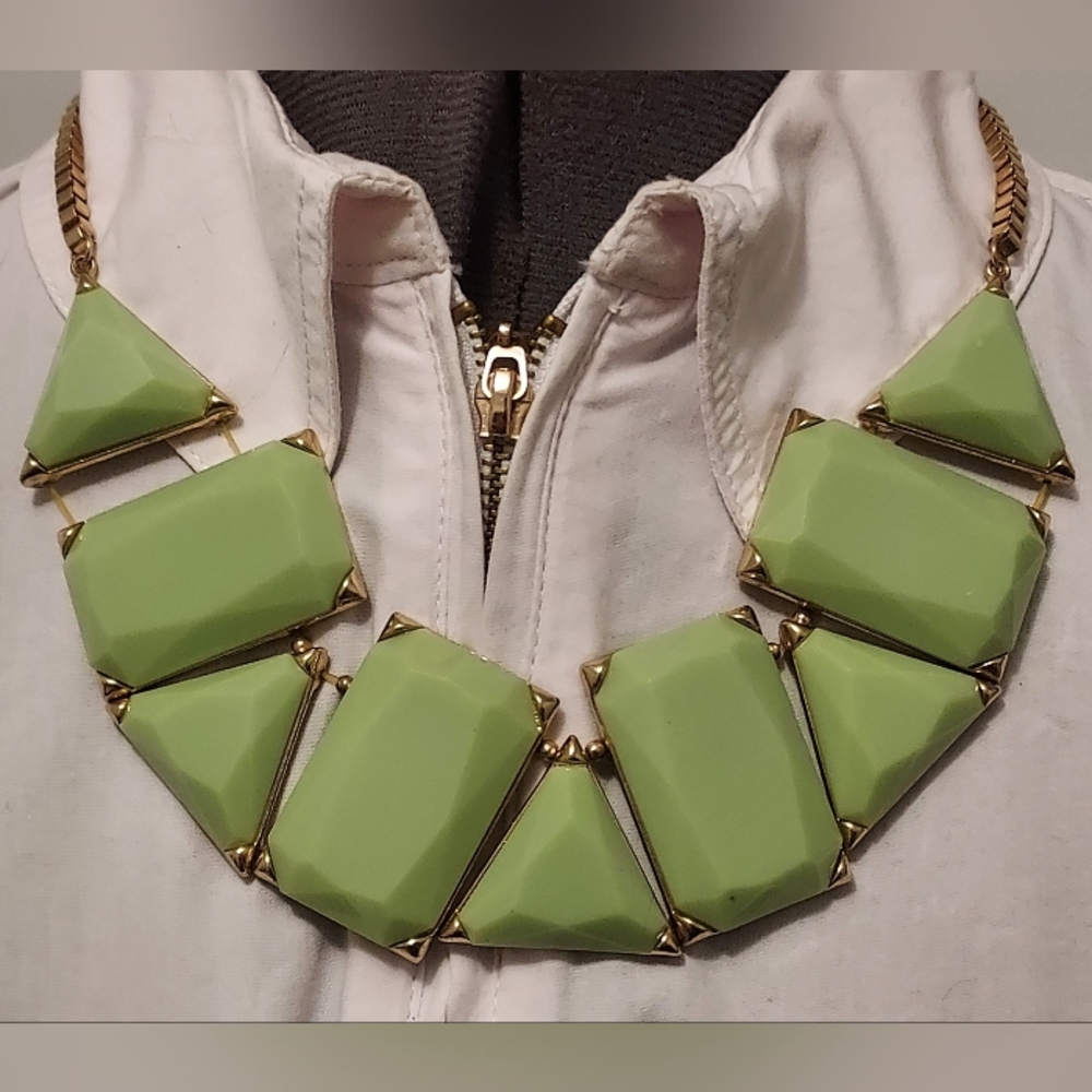 Aldo Goldtone Sea Foam Green Geometric Crescent Bib Necklace 18in. + 3in. Ext.